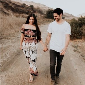 Bardot Neckline Vintage Print Crop Top -Maxi Skirt